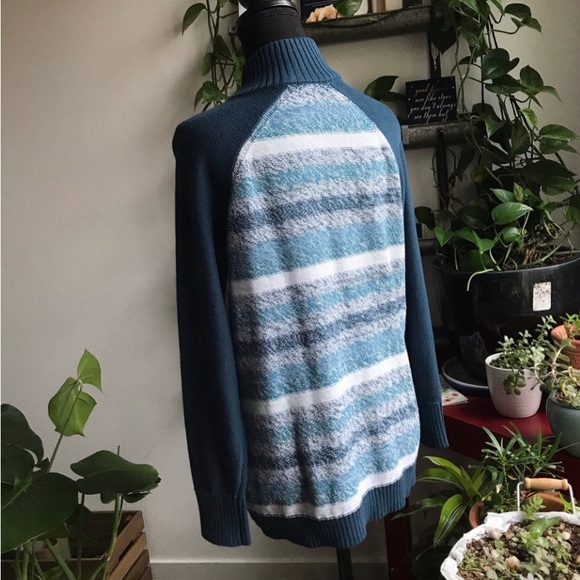 NWOT Eddie Bauer 1/2 Zip Teal Marled Stripe Pullover Sweater Size Medium - Picture 2 of 5